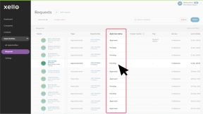 Requests page with the Approval status column highlighted. The cursor is over a Pending status